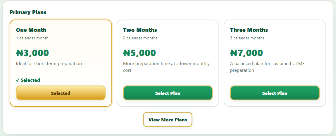 GO CBT JAMB PRO primary subscription plans: One Month ₦3,000, Two Months ₦5,000 and Three Months ₦7,000